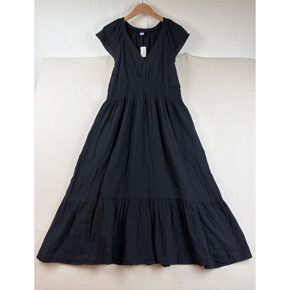 NWT Old Navy Gauzy V-Neck Smock Waist Midi Dress Size LP Black Cottagecore New